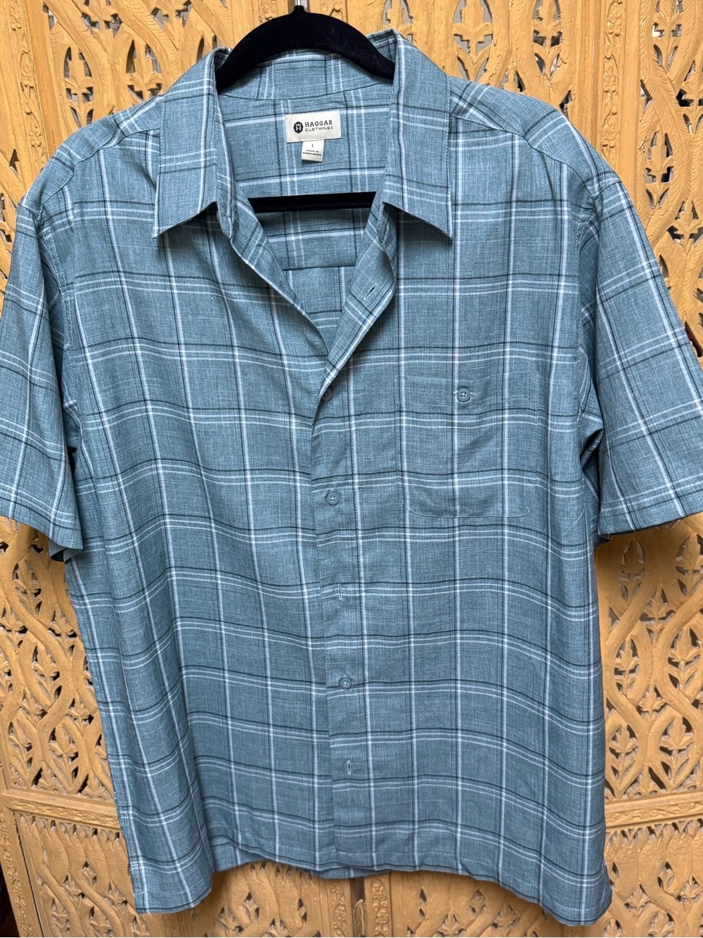 Haggar Teal Plaid Short Sleeve Button-Down Shirt Casual Camp Cool Relaxed